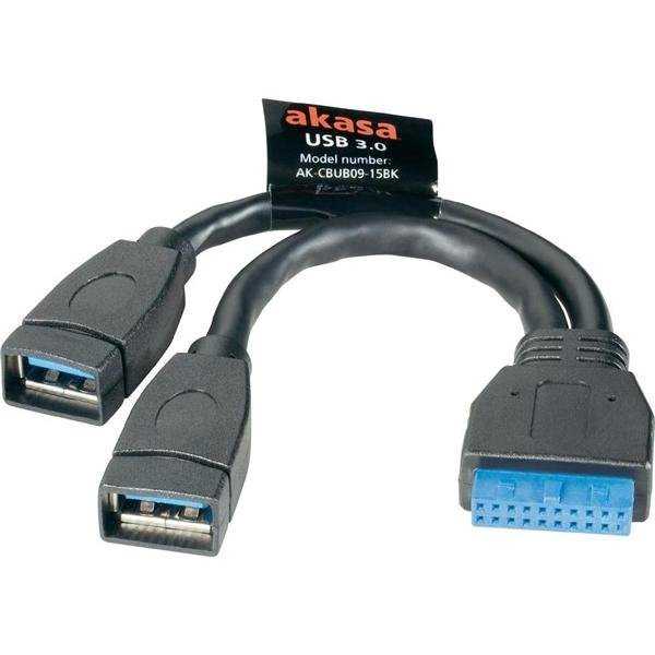 AKASA interní USB kabel USB 3.0 19pin na 2 x USB3.0 Typ-A(F) / AK-CBUB09-15BK / 15cm