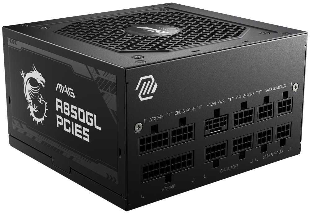 MSI zdroj MAG A850GL PCIE5/ 850W/ ATX3.0/ akt. PFC/ 7 let celk. záruka/ 120mm fan/ modulární kabeláž/ 80PLUS Gold