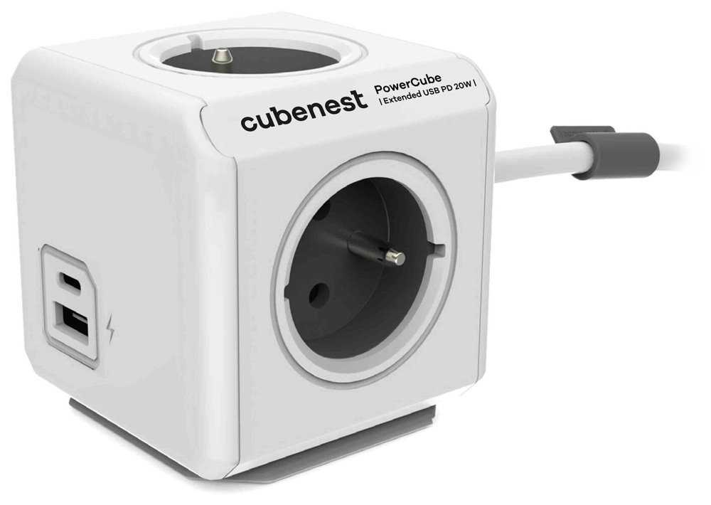 Cubenest Powercube Extended USB PD 20W, A+C, 4× zásuvka, 1,5m, bílá/šedá,  dětská pojistka, uzemnění, dok, 10A/250V