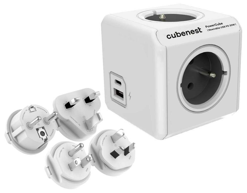 Cubenest Powercube ReWirable USB PD 20W, A+C, 4× zásuvka, bílá/šedá, 4 cestovní koncovky, dětská pojistka, uzemnění