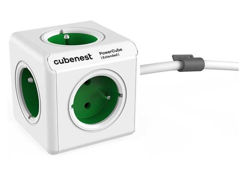 Cubenest Powercube Extended, 5× zásuvka, 1,5 m,  bílá/zelená, dětská pojistka, uzemnění, dok, max. 10A/250V~2500W