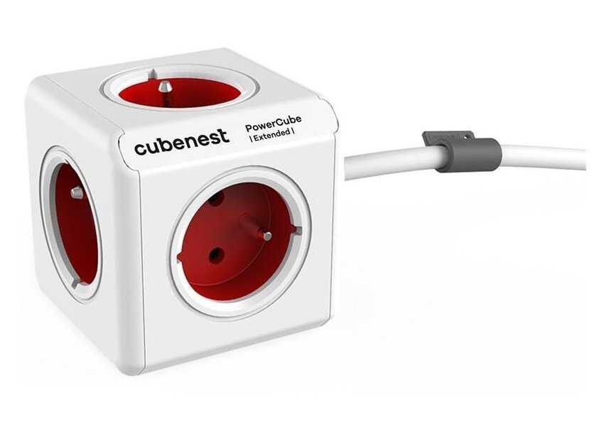 Cubenest Powercube Extended, 5× zásuvka, 1,5 m,  bílá/červená, dětská pojistka, uzemnění, dok, max. 10A/250V~2500W