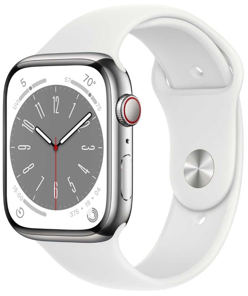 Apple Watch Series 8 GPS + Cellular 45mm Silver Stainless Steel Case with White Sport Band - Regular