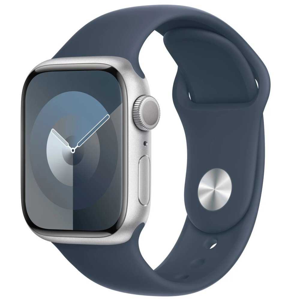 Apple Watch Series 9 41mm Stříbrný hliník s bouřkově modrým sportovním řemínkem M/L