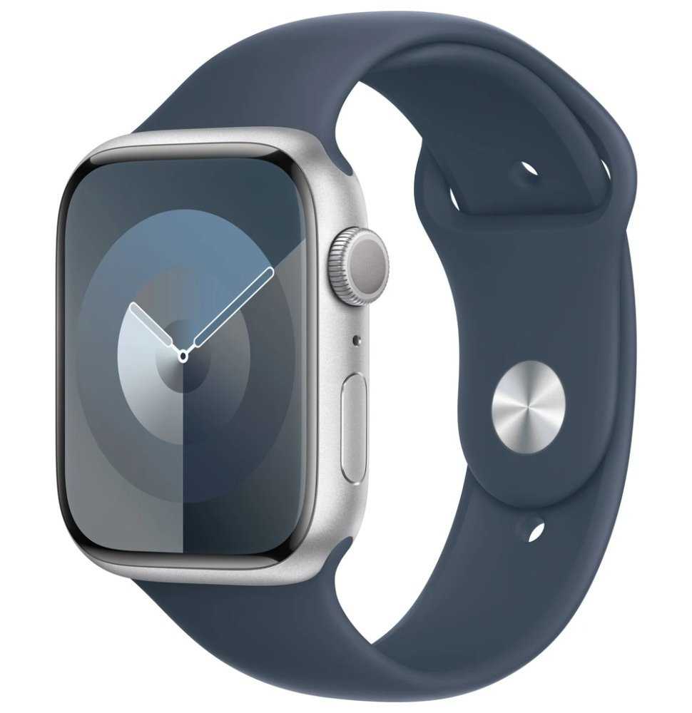 Apple Watch Series 9 45mm Stříbrný hliník s bouřkově modrým sportovním řemínkem M/L