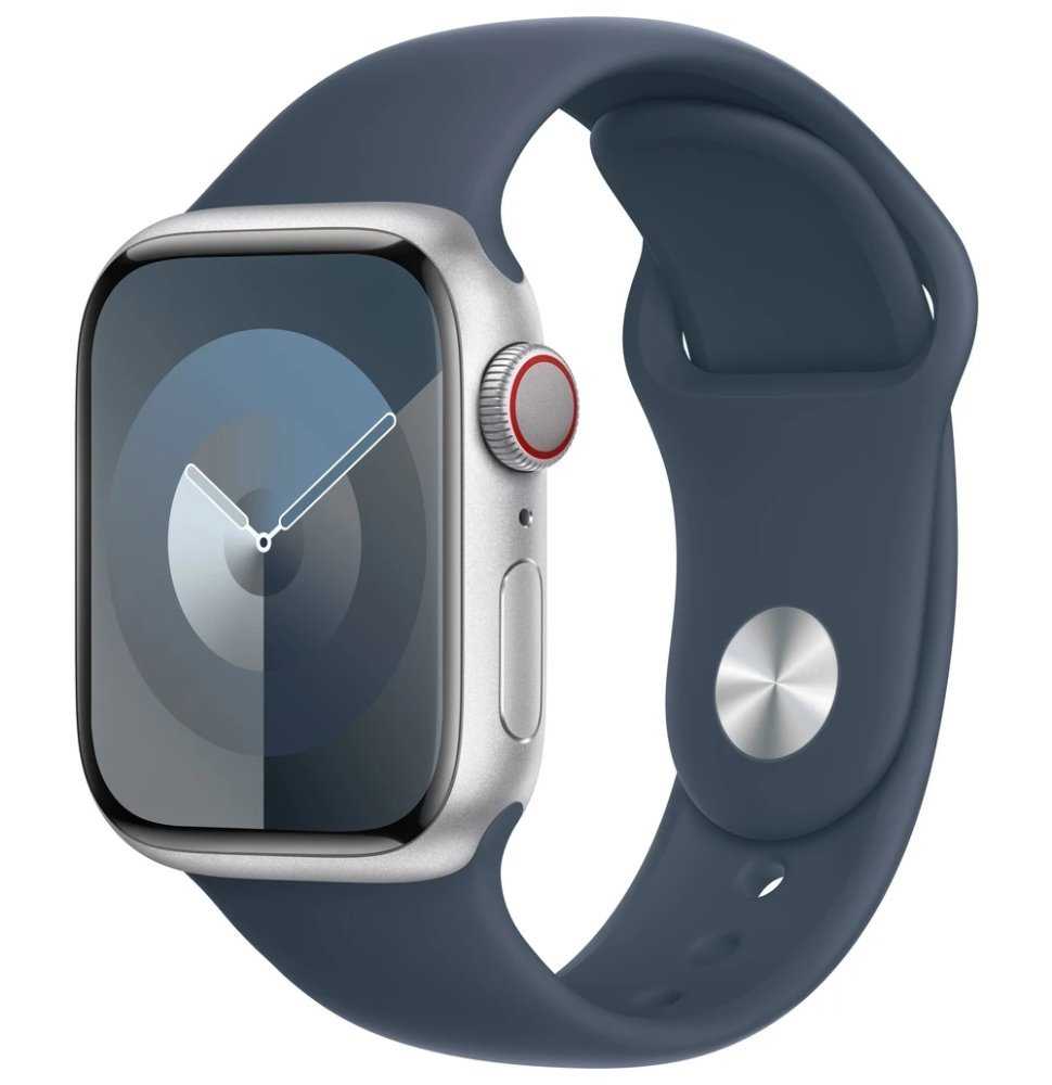 Apple Watch Series 9 Cellular 41mm Stříbrný hliník s bouřkově modrým sportovním řemínkem M/L