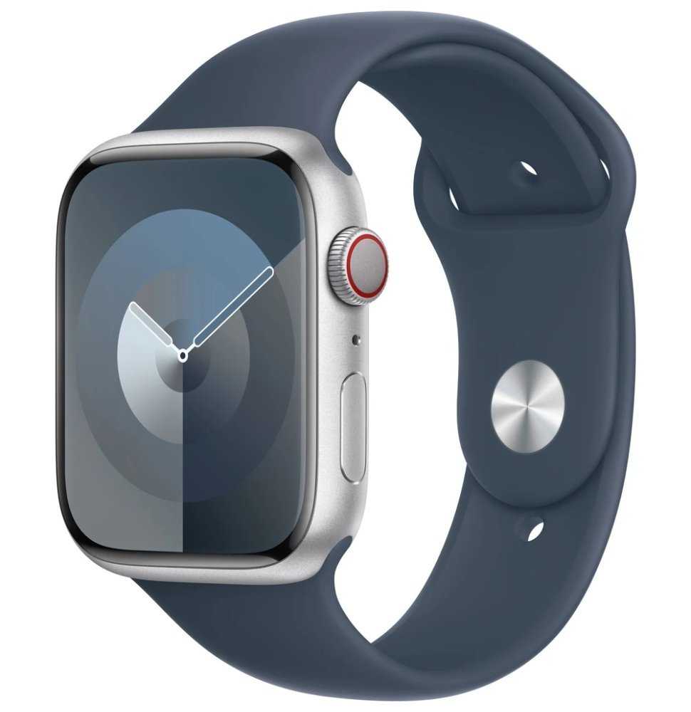 Apple Watch Series 9 Cellular 45mm Stříbrný hliník s bouřkově modrým sportovním řemínkem M/L