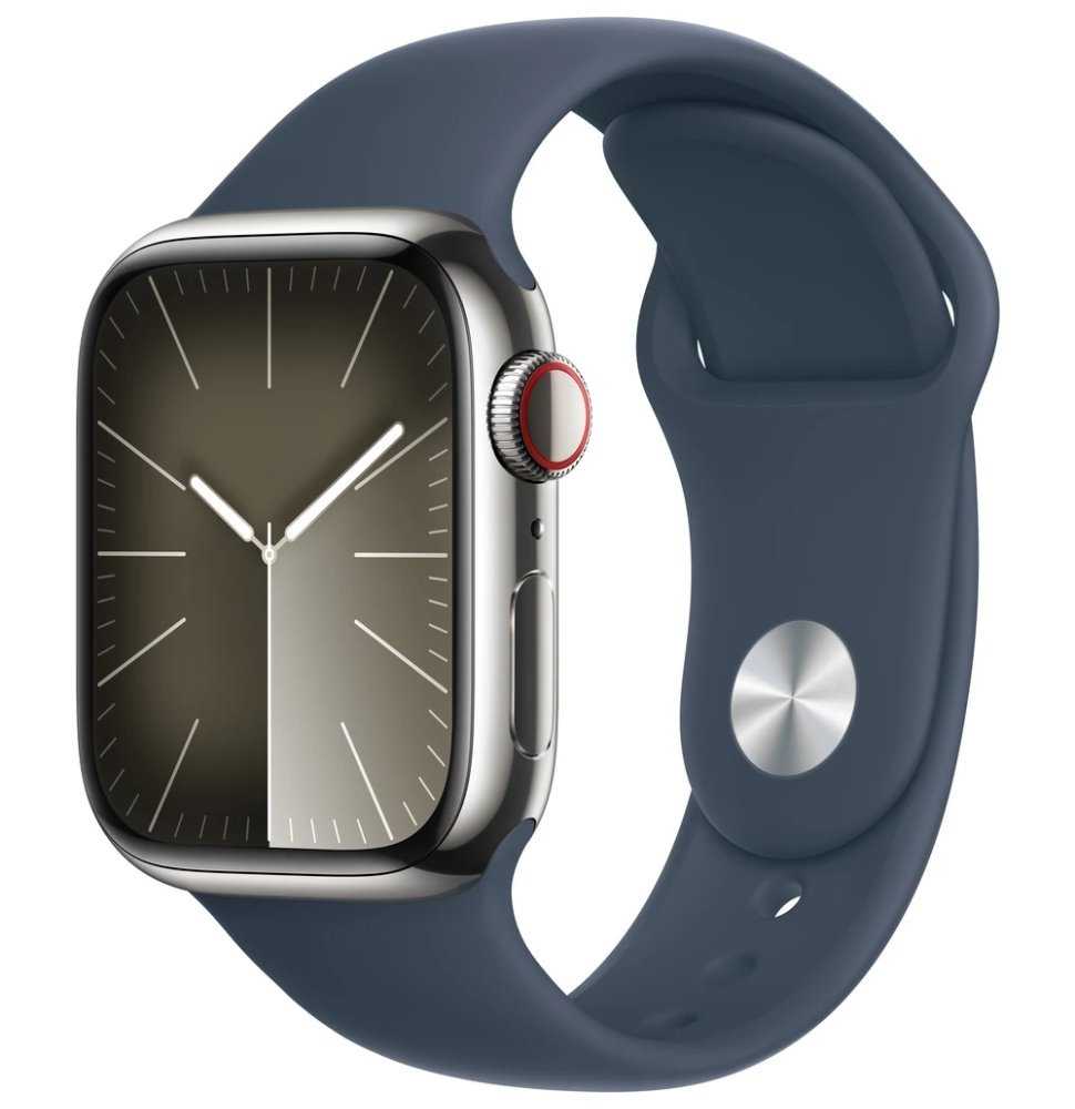 Apple Watch Series 9 Cellular 41mm Stříbrná ocel s bouřkově modrým sportovním řemínkem S/M