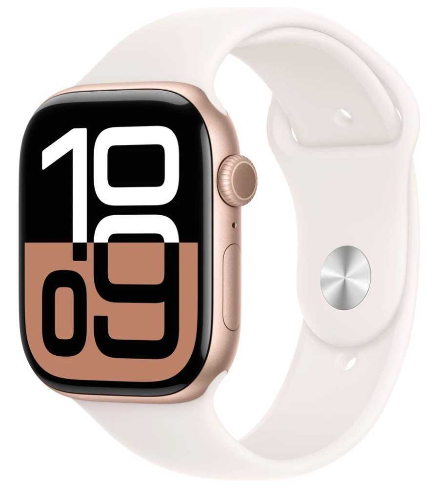 Apple Watch Series 10 GPS 46mm Růžově zlatý hliník se světle ruměným sportovním řemínkem - M/L