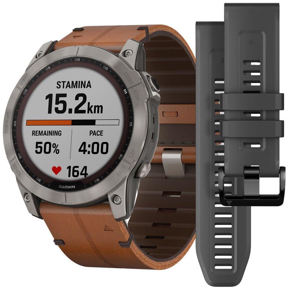 GARMIN chytré sportovní GPS hodinky fenix 7X PRO Sapphire Solar, Titanium / Brown Leather Band a Graphite Silicone Band