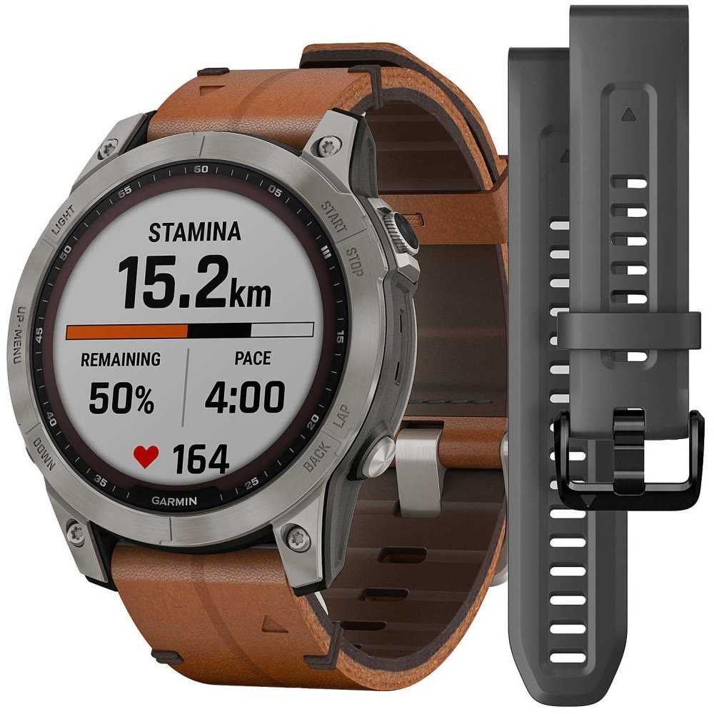 GARMIN chytré sportovní GPS hodinky fenix 7 PRO Sapphire Solar, Titanium / Brown Leather Band a Black Silicone Band