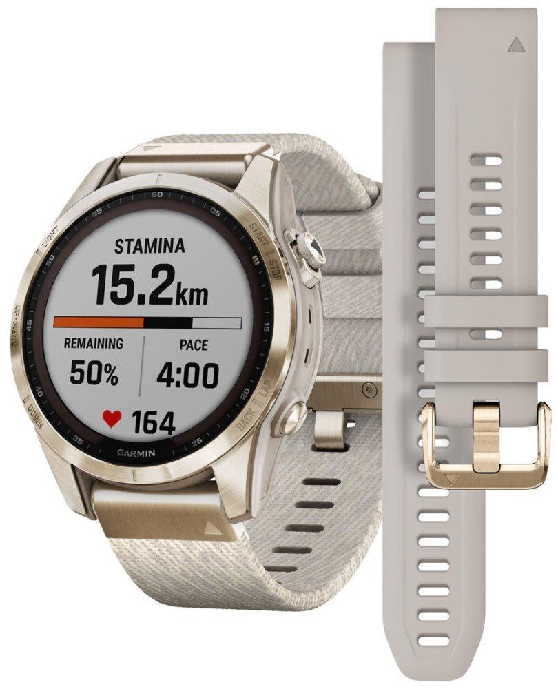 GARMIN chytré sportovní GPS hodinky fenix 7S PRO Sapphire Solar, Cream Gold Titanium / Cream Nylon Band a Sand Sil. Band