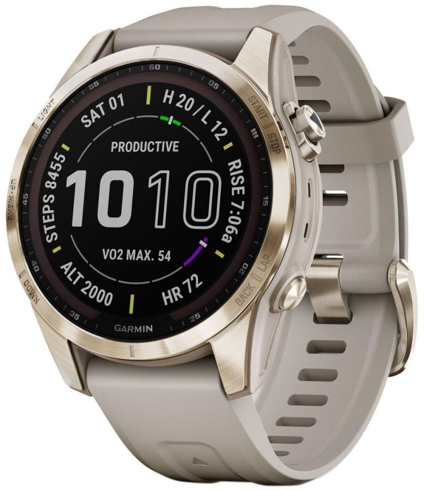 GARMIN chytré sportovní GPS hodinky fenix 7S PRO Sapphire Solar, Gold Titanium / Sand Band