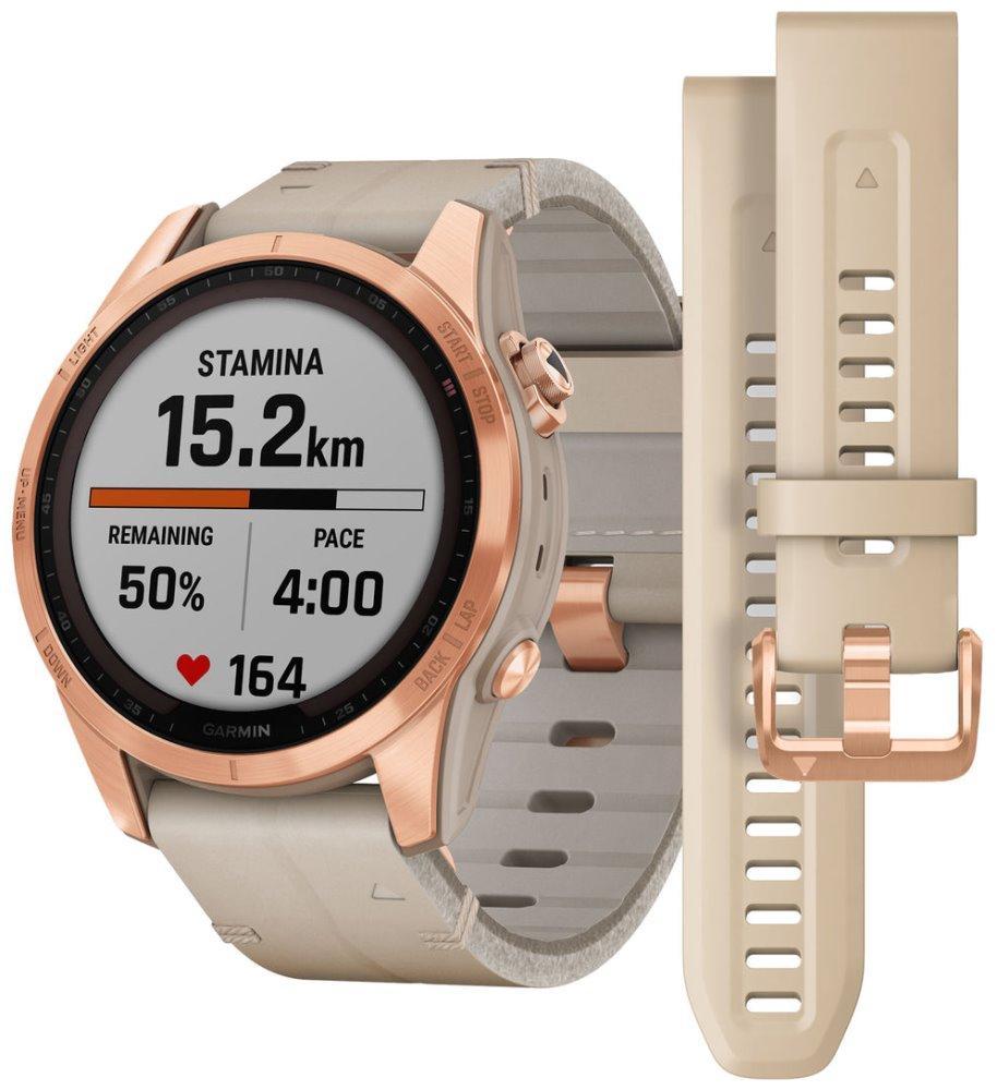 GARMIN chytré sportovní GPS hodinky fenix 7S PRO Sapphire Solar, Rose Gold Titanium / Limestone Leather Band