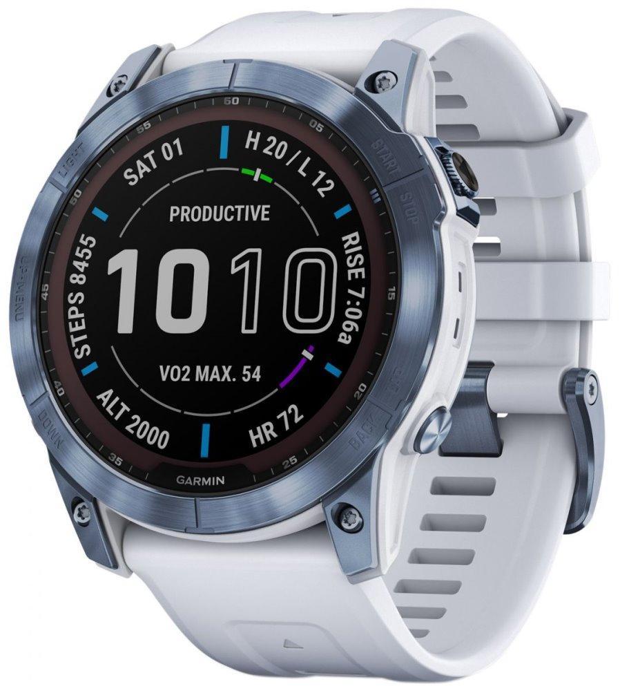 GARMIN chytré sportovní GPS hodinky fenix 7X PRO Sapphire Solar, Blue DLC Titanium / White Band