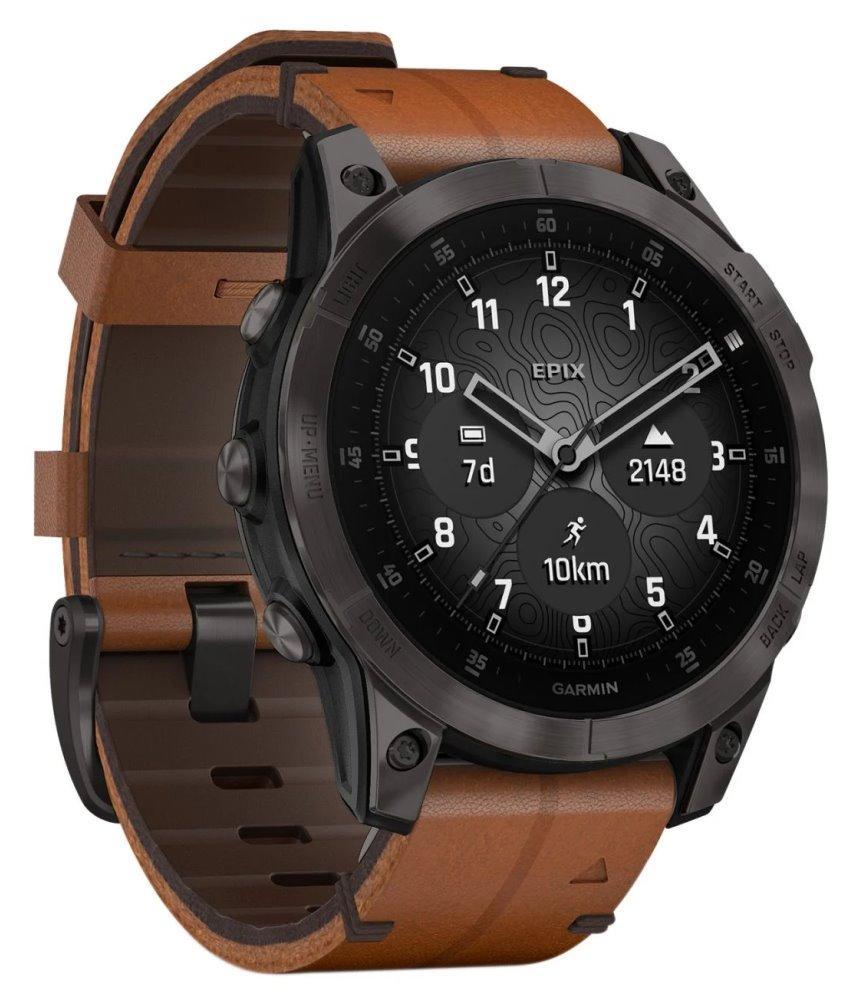 GARMIN chytré sportovní GPS hodinky epix PRO Sapphire Style, Titan Black/Brown Leather Band