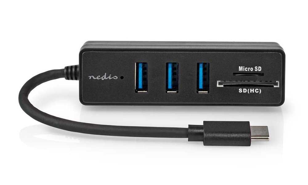 NEDIS USB hub/ zástrčka USB-C zástrčka/ 3x zásuvka USB-A/ 5 Portů/ USB 3.2 Gen 1/ 5 Gbps/ SD & MicroSD/ černý/ blistr