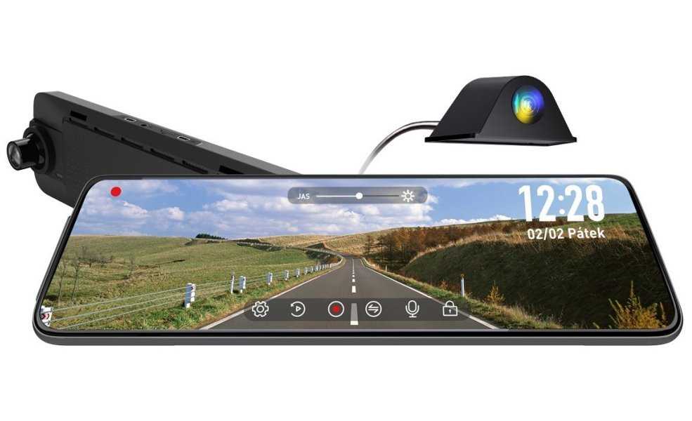 CEL-TEC palubní kamera do auta v zrcátku M12 Dual GPS Exclusive/2K/zadní 1080p/9,8" IPS dotykové LCD/g-sens./podpora GPS