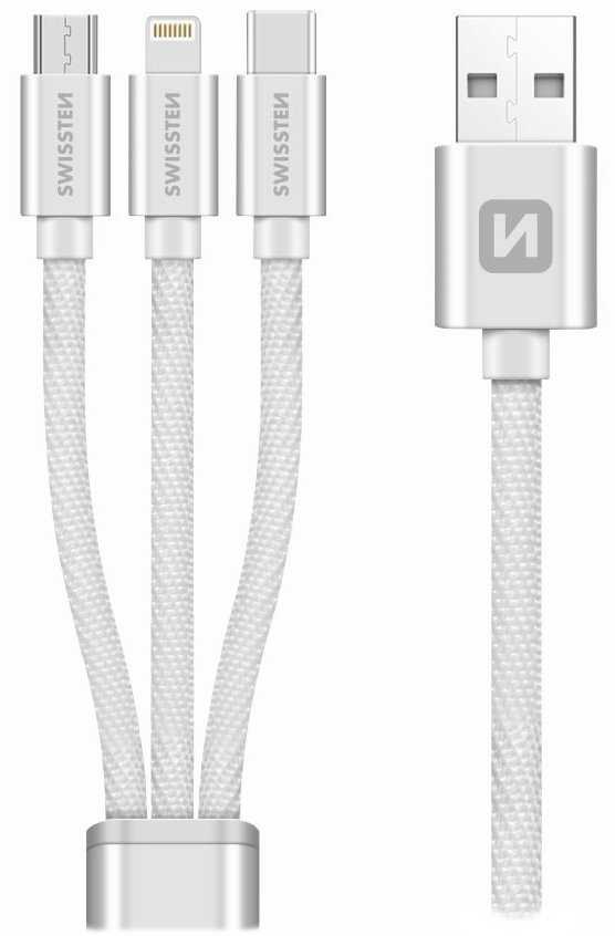 Swissten Datový kabel 3in1 MFi, 1,2 m, textilní, (micro USB, USB-C, Lightning) stříbrný