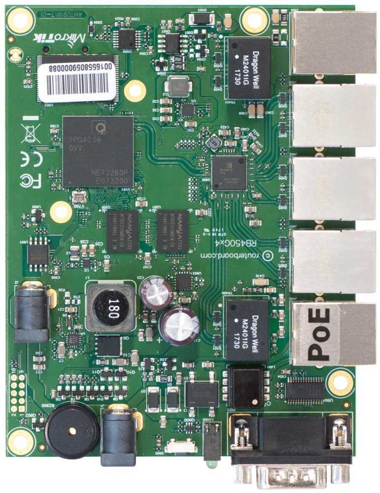 MikroTik RouterBOARD RB450Gx4, 1 GB RAM, IPQ-4019 (716 MHz), 5× Gbit LAN, 802.3af/at, licence L5