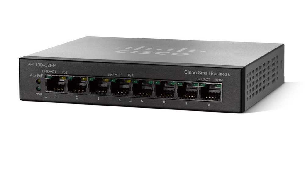 Cisco Switch SF110D-08HP  8x 10/100, 4x PoE port, 32W, unmanaged, desktop, Lifetime