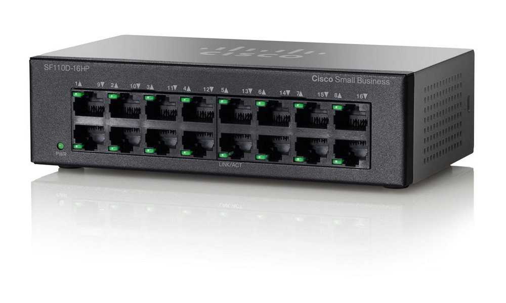 Cisco Switch SF110D-16HP  16x 10/100, 8x PoE 64W, unmanaged, desktop, Lifetime