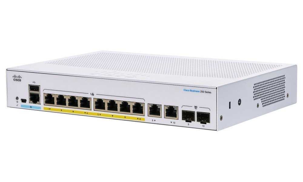 Cisco CBS250-8P-E-2G-EU 8-port GE Smart Switch, 8x GbE RJ-45, 2x 1G Combo, PoE+ 60W, Ext PS
