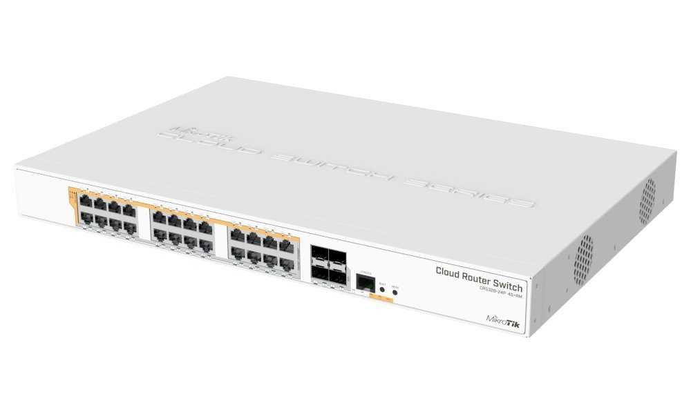 MikroTik Cloud Router Switch CRS328-24P-4S+RM, 800MHz CPU, 512MB, 24x GLAN, 4x SFP+, RouterOS/SwOS, L5, PSU, 1U Rackmoun