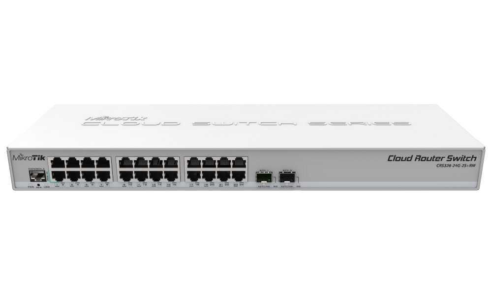 MikroTik Cloud Router Switch CRS326-24G-2S+RM, 800MHz CPU, 512MB, 24xGLAN, 2xSFP+cage, ROS L5, PSU,1U Rackmount