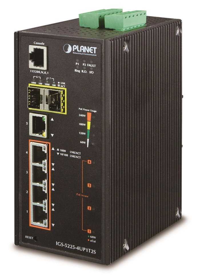 Planet IGS-5225-4UP1T2S průmyslový L3 switch, 5x1Gb, 2x2.5Gb SFP, 4x PoE 802.3bt 360W, dual 48-56VDC, -40~75°C, IP30