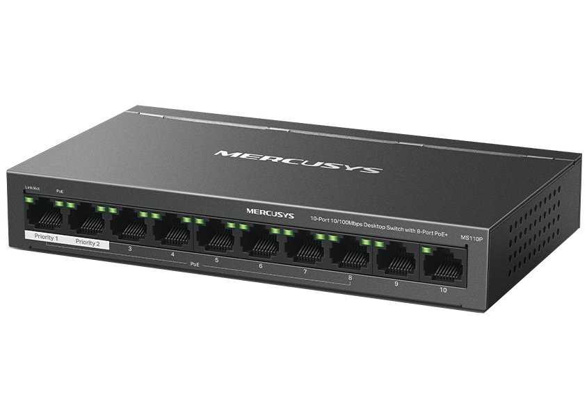 TP-Link Mercusys MS110P Switch 10-Port, 8x 10/100 Mbps PoE+, 2x LAN, 802.3af/at, 65 W