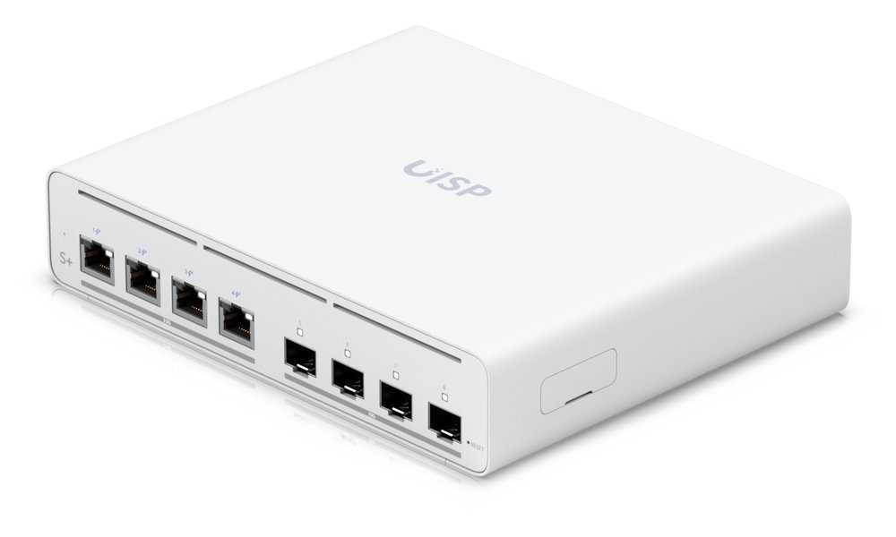 Ubiquiti UISP Switch Plus - 4x 2.5GbE, 4x SFP+, fanless, 4x PoE Out 27V (PoE budget 160 W)