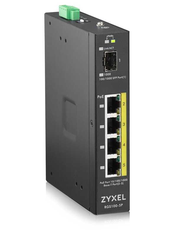 Zyxel RGS100-5P, 5  Port unmanaged PoE Switch, 120 Watt PoE, DIN Rail, IP30, 12-58V DC