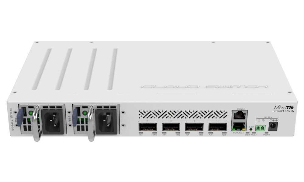 Mikrotik Cloud Switch CRS504-4XQ-IN, 650 MHz CPU, 64 MB RAM, 1x LAN, 4x QSFP28,  2x PSU, L5