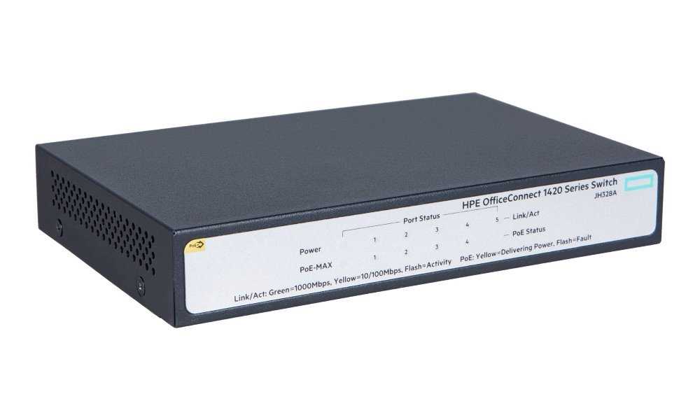 HPE switch 1420 5G PoE+ (32W)   5x 10/100/1000, PoE+, PoE budget 32W,  bez ventilátorů