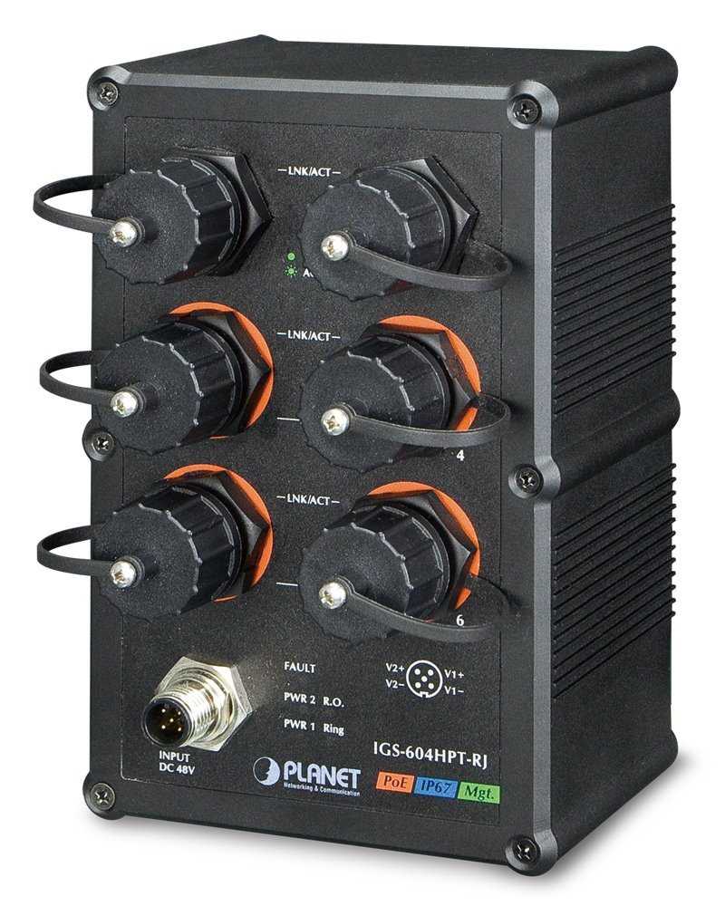 Planet IGS-604HPT-RJ vodotěsný průmyslový switch, 6x1Gb, 4x PoE 802.3at 140W, 48-56VDC, -40~75°C, IP67, EN50155