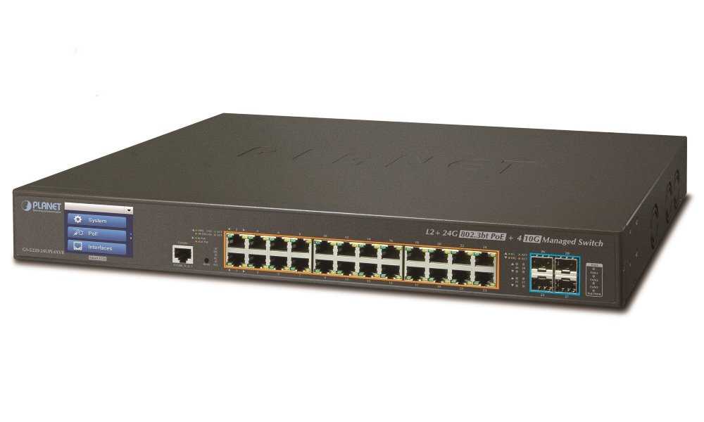 Planet GS-5220-24UPL4XVR L3 switch, 24x1Gb, 4x10Gb SFP+, 24x PoE 802.3bt 600W, 2x power-in, touch LCD