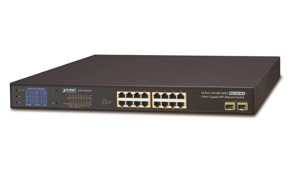 Planet GSW-1820VHP PoE switch, 16x1Gb + 2xSFP 1Gb, LCD, VLAN, extend mód 10Mb-250m, 802.3at 30/300W