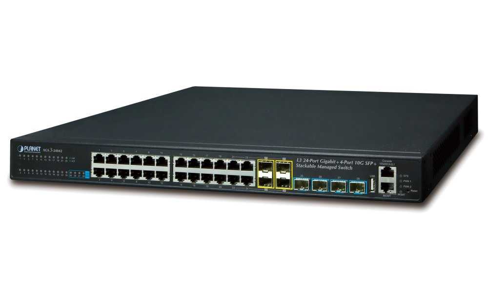 Planet XGS3-24042(v3) L3 switch, 24x1Gb, 4xSFP, 4x10G SFP+, DDM, IP stack, RIP/OSPF/BGP/VRRP, 2x power-in