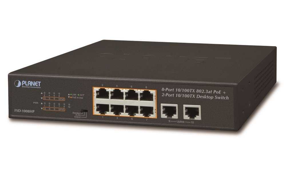 Planet FSD-1008HP PoE switch 10x 100Mb, 8xPoE 802.3at 30W/120W, VLAN, extend mód 10Mb/s do 250m, fanless