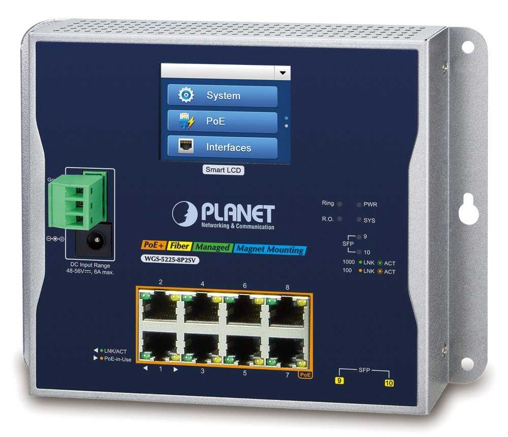 Planet WGS-5225-8P2SV plochý L3 switch, 8x1Gb, 2x2.5Gb SFP, PoE 30/240W, 48-56VDC, -20~70°C, IP30, fanless, touch LCD