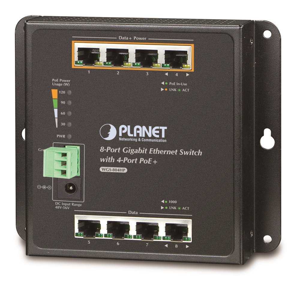 Planet průmyslový plochý switch 8x 1Gb, 4xPoE 30/120W, dual 48-56VDC, IP30, -40/75st, fanless