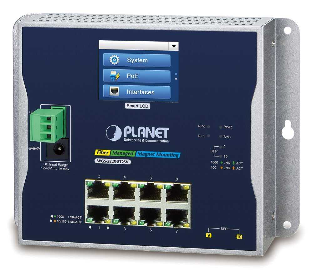 Planet WGS-5225-8T2SV plochý L3 switch, 8x1Gb, 2x2.5Gb SFP, 12-48VDC/24VAC, -20~70°C, IP30, fanless, touch LCD