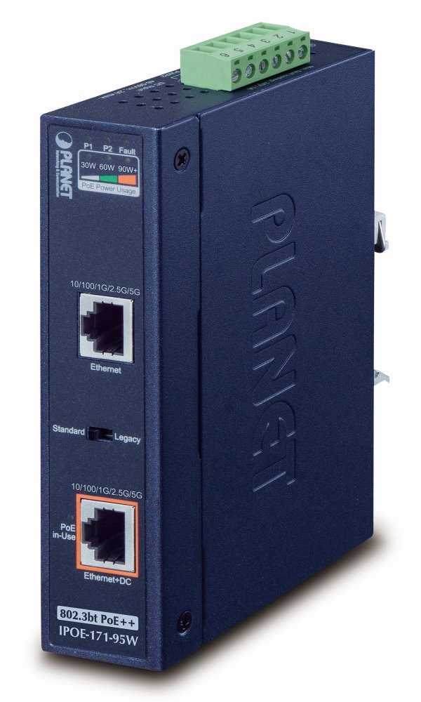 Planet IPOE-171-95W PoE injektor IEEE802.3bt, 95W, DIN, IP30, -40~75°C, 12-48VDC-input