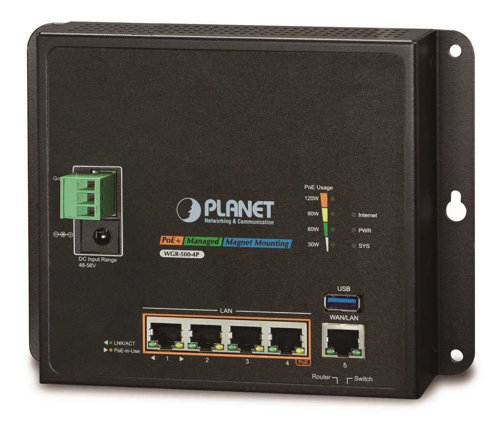 Planet WGR-500-4P, průmyslový PoE router, 1xWAN 1Gbps, 4xLan 1Gbps, PoE 802.3at do 120W, DIN, dual 48-56VDC, -10 až 60°C