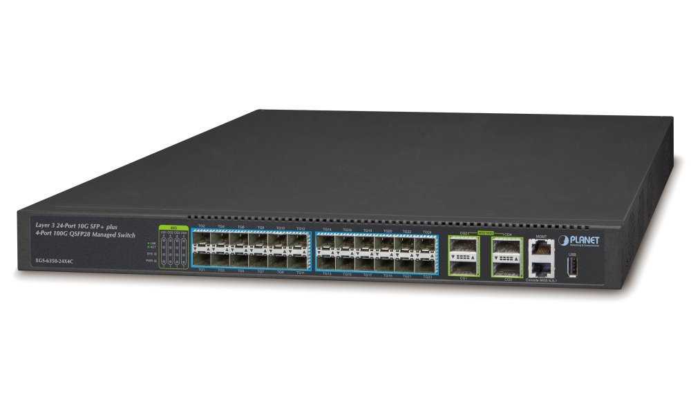 Planet XGS-6350-24X4C L3 switch, 24x10G SFP+, 4x100Gb QSFP28, QoS, 2x power-in