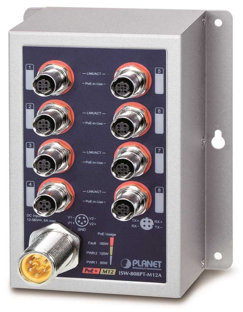 Planet Průmyslový PoE switch 8x 100Mb, PoE 802.3at 36W/180W, IP50, -40~+75°C, 12-56VDC, M12 konektory