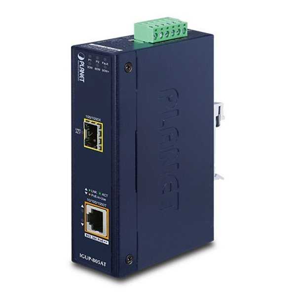 Planet IGUP-805AT PoE++ konvertor 802.3bt 95W, 1x 1000Base-T, 1x SFP 100/1000Base-X, dual power 12-56VDC, -40 až 75st.
