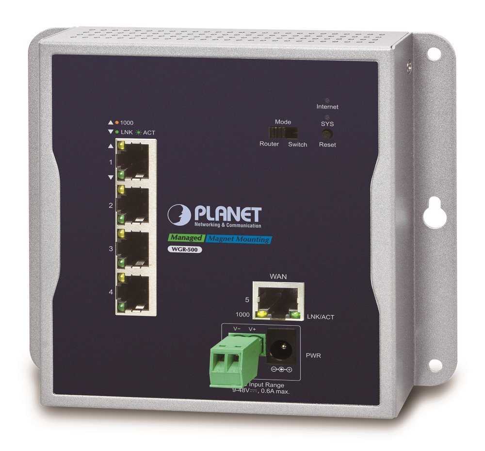 Planet WGR-500, průmyslový router, 1xWAN 1Gbps, 4xLan 1Gbps, DIN, dual 9-48VDC, -10 až 60°C