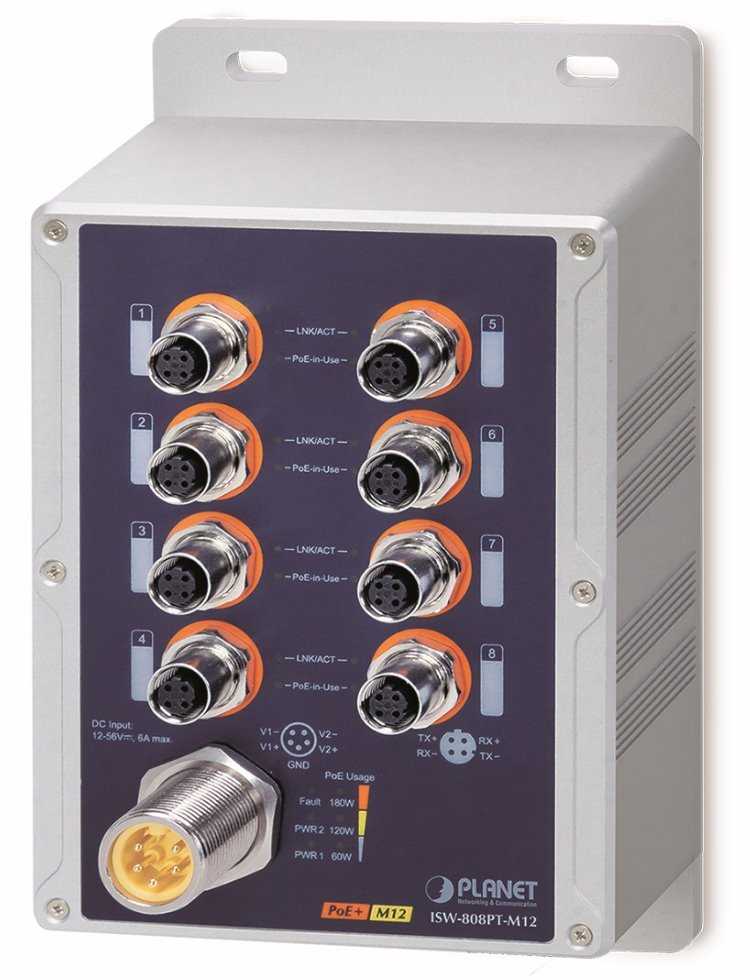 Planet vodotěsný průmyslový PoE switch, 8xFE M12, 8x PoE 802.3at 30W/180W, -40~+75°C, 12-56VDC, IP67
